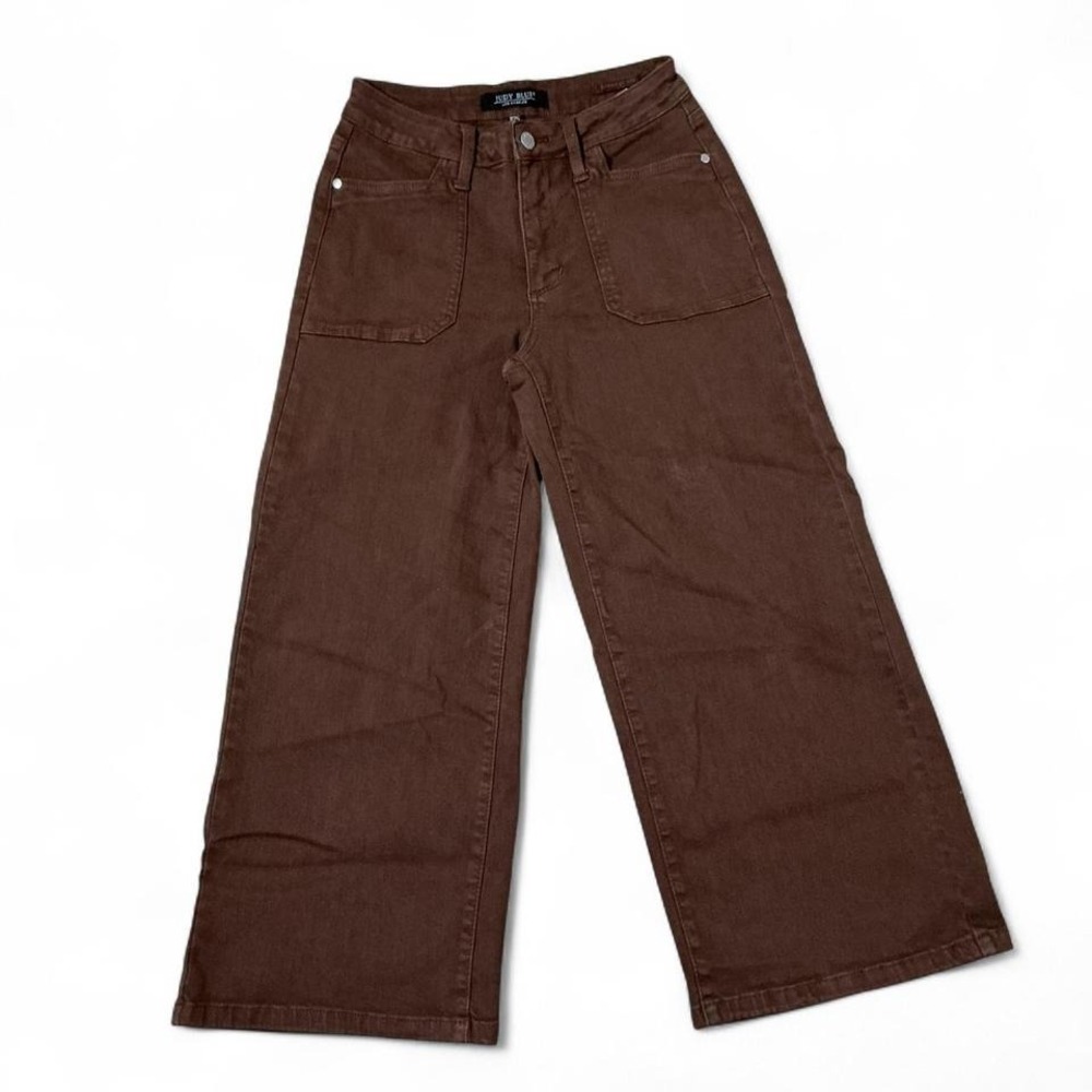 Judy Blue Garment Dyed Wide Leg Crop Pants Brown High Waist Front‎ Pocket Denim